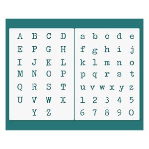 May include: Two white stencils featuring uppercase and lowercase letters, and numbers in a typewriter font. The stencils are set against a teal background. The letters and numbers are cut out for paint or ink application.