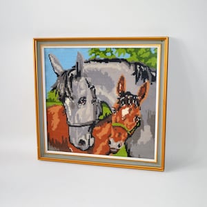 Old hand-embroidered horse picture from the 60s, pictures with animals, horse lovers