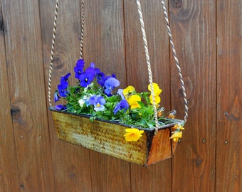 Old box cake tin as a hanging basket,