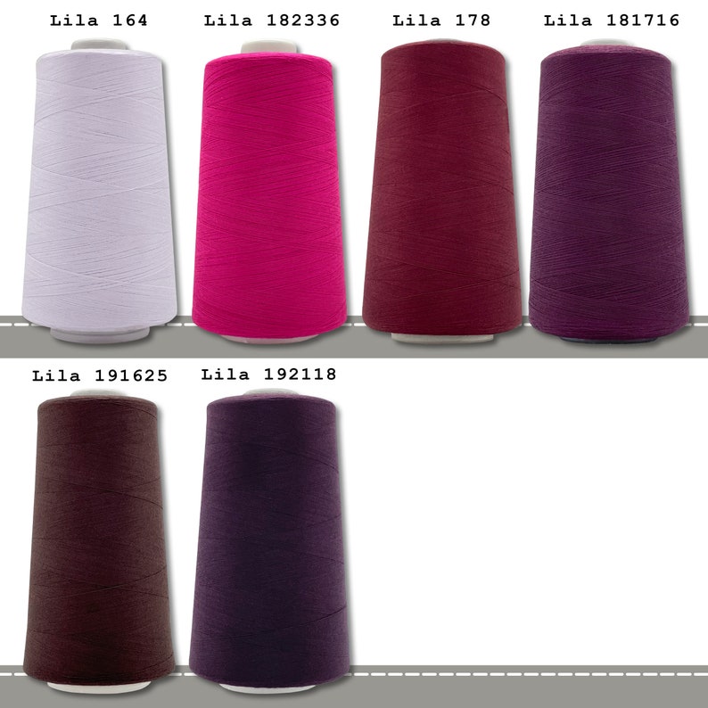 May include: Six spools of thread in various colors, including white, pink, red, purple, brown, and dark purple. Each spool is labeled with the word "Lila" and a number.