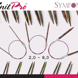 K&ouml;nnte beinhalten: Knit Pro Symfonie interchangeable Rundstricknadeln in den Gr&ouml;&szlig;en 2,0 - 8,0 mm. Die Nadeln sind aus Holz mit einem bunten, mehrfarbigen, gestreiften Muster. Die Nadeln werden mit den Kabeln befestigt gezeigt.