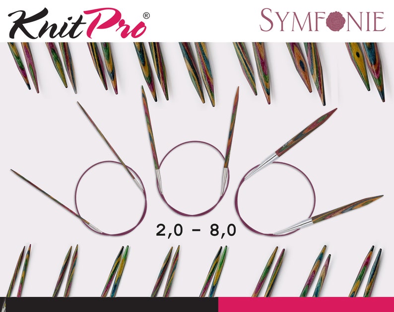 K&ouml;nnte beinhalten: Knit Pro Symfonie interchangeable Rundstricknadeln in den Gr&ouml;&szlig;en 2,0 - 8,0 mm. Die Nadeln sind aus Holz mit einem bunten, mehrfarbigen, gestreiften Muster. Die Nadeln werden mit den Kabeln befestigt gezeigt.