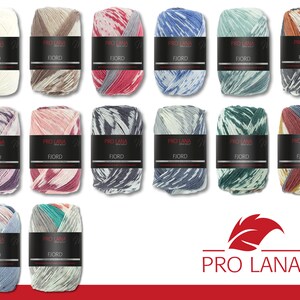 Può includere: Assortimento di 12 gomitoli di lana in varie combinazioni di colori. Ogni gomitolo è etichettato "Pro Lana Fjord" e presenta un motivo unico di tie-dye.