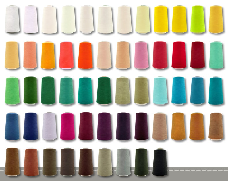 May include: A collection of 48 spools of thread in various colors, including white, red, blue, green, yellow, orange, brown, and gray. The spools are arranged in rows and columns on a white background.