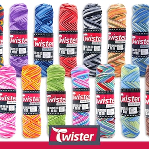 May include: A collection of 12 skeins of colourful yarn, each with a different colour combination. The yarn is labelled "Twister Curly 8 Colours".