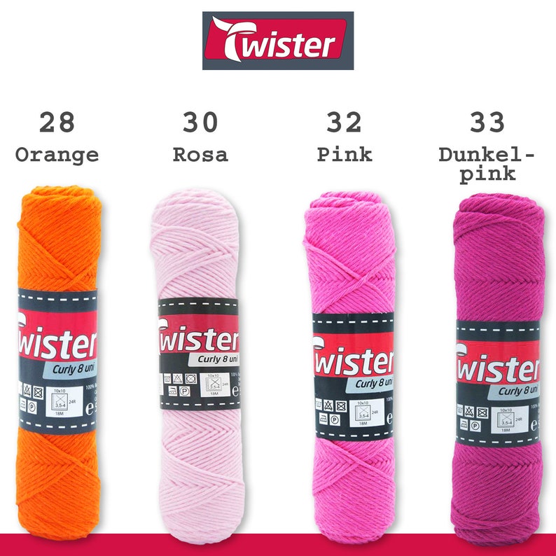 May include: Four skeins of yarn in different colors: orange, pink, light pink, and dark pink. Each skein has a label that says "Twister Curly 8 uni".
