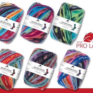 May include: Six balls of Golden Socks Fjord Socks Puzzle yarn in a variety of colours. Each ball has a label with the text "Golden Socks Fjord Socks Puzzle" and a sock graphic. The Pro Lana logo is visible in the upper right corner.