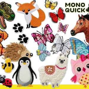 May include: A selection of embroidered patches showcasing animals and insects. Designs include a dinosaur, fox, puppy, hedgehog, penguin, llama, owl, butterflies, ladybirds, and a bee. The patches are colourful and detailed, with a variety of shapes and sizes.