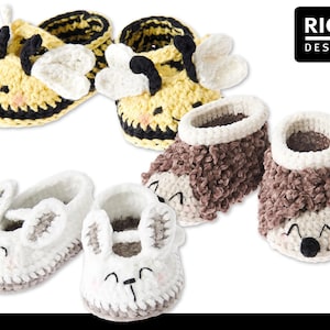 May include: Set of six crocheted baby booties in bee, hedgehog, and bunny designs. The bee booties are yellow and black with white wings. The hedgehog booties are brown and white. The bunny booties are white and gray.