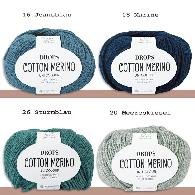 May include: Four skeins of Drops Cotton Merino yarn in various colors: denim blue, navy blue, teal, and light gray. Each skein has a white label with the brand name and yarn details. The text "UNI COLOUR" and "A superwash yarn for all seasons" are also visible.