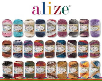 May include: A collection of 27 skeins of yarn in various colors and patterns. The yarn is labeled "Alize" and is arranged in three rows of nine skeins each.