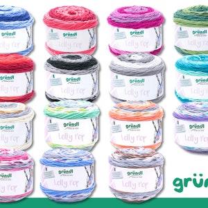 May include: A collection of 16 colourful yarn skeins in various colour combinations. Each skein is labelled "gründl Lolly Pop".