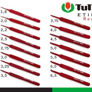 Tulip Etimo Red Crochet Hook with Comfort Grip Ergonomic Handle Smooth Surface 15 Sizes