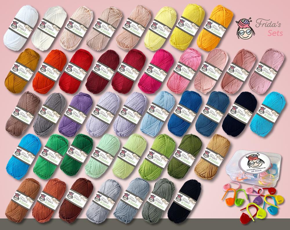Frida's Yarn Set #Seventh 10 x 50 g Egyptian Cotton Yarn 20 x Stitch Markers with Box Gift