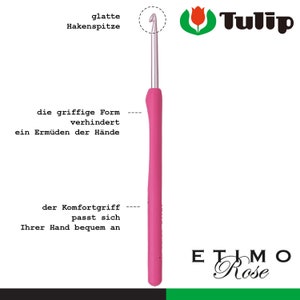 May include: A pink crochet hook with a smooth hook tip and a comfortable grip. The hook is labeled "EMO Rose" and is part of the Tulip brand.