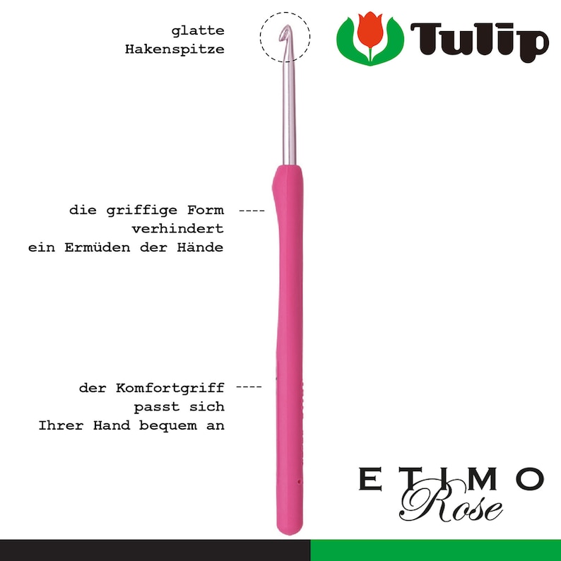 May include: A pink crochet hook with a smooth hook tip and a comfortable grip. The hook is labeled "EMO Rose" and is part of the Tulip brand.
