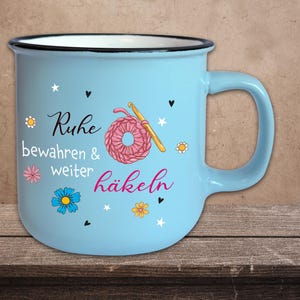 Vintage Jumbo Mug with Saying T166 &quot;Keep calm and carry on crocheting&quot; Ceramic Light Blue Gift Retro Knitting Crochet 350 ml