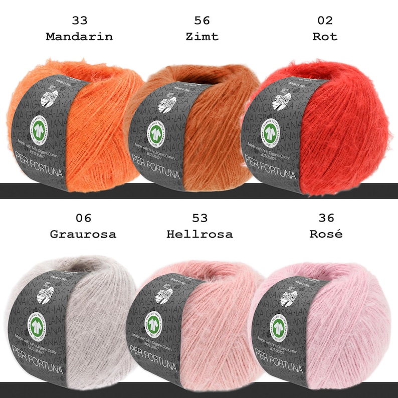 May include: Six balls of Per Fortuna yarn arranged in two rows. Top row: Mandarin orange, Zimt brown, and Rot red. Bottom row: Graurosa grey, Hellrosa light pink, and Ros&eacute; pink. Each ball features a dark grey label with white text and a green logo.
