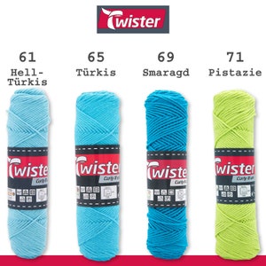 May include: Four spools of yarn in different colors: light blue, turquoise, teal, and lime green. Each spool is labeled with a number and a color name in German. The brand name "Twister Curly 8" is printed on each spool.