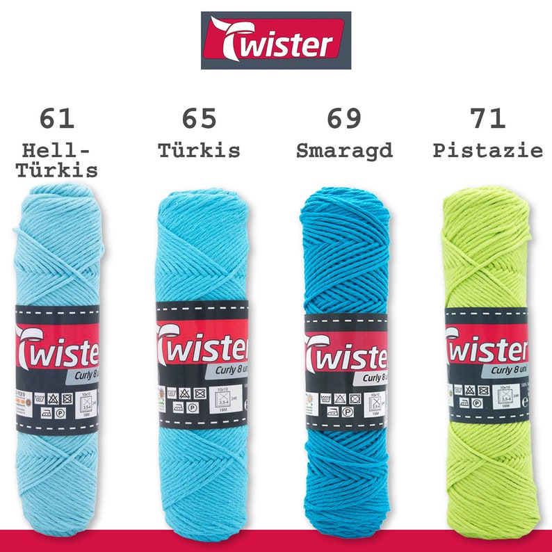 May include: Four spools of yarn in different colors: light blue, turquoise, teal, and lime green. Each spool is labeled with a number and a color name in German. The brand name "Twister Curly 8" is printed on each spool.