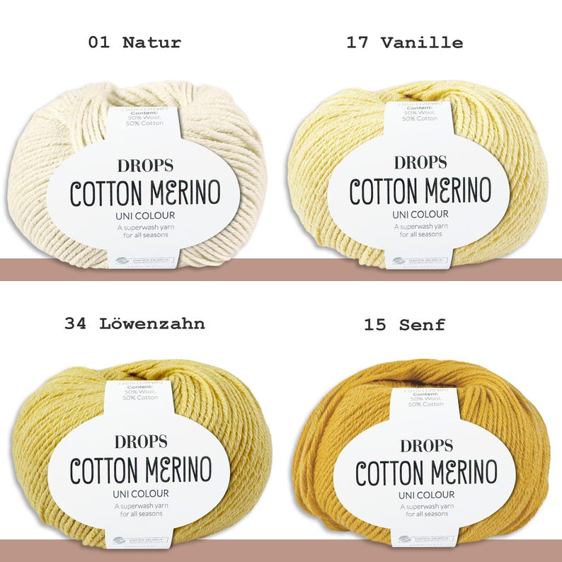 May include: Four skeins of Drops Cotton Merino yarn in various colors. The colors include Natur, Vanille, L&ouml;wenzahn, and Senf. Each skein has a label with the Drops Cotton Merino logo and product information. The yarn is a superwash yarn suitable for all seasons.