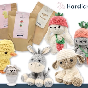 May include: A set of crochet amigurumi patterns featuring a variety of animals, including a duck, a donkey, a lamb, a bunny, and a rabbit. The patterns are available for download and include instructions for making each animal.