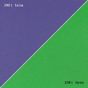 May include: A close-up of two fabric swatches, one purple and one green. The purple swatch has the text "192 | Lila" and the green swatch has the text "238 | Grun".
