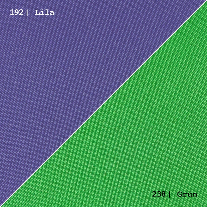 May include: A close-up of two fabric swatches, one purple and one green. The purple swatch has the text "192 | Lila" and the green swatch has the text "238 | Grun".