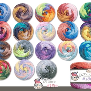 May include: Assortment of 18 colorful cotton yarn skeins in various color combinations. Each skein is wound into a ball shape and features a multi-colored striped pattern. The yarn is labeled "Frida's #18te Cotton Mix".