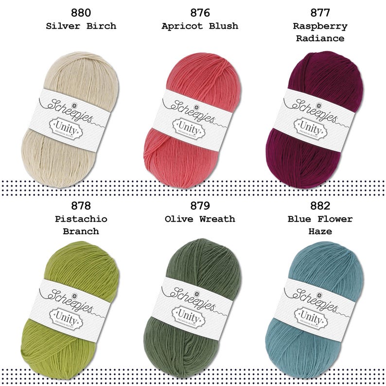 May include: Assortment of ten skeins of Scheepjes Unity yarn in various colours, including silver birch, apricot blush, raspberry radiance, pistachio branch, olive wreath, and blue flower haze.