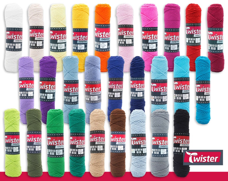 May include: A collection of 30 skeins of yarn in various colors, including white, yellow, orange, red, pink, purple, blue, green, brown, and black. The yarn is labeled "Twister Curly & Fun".