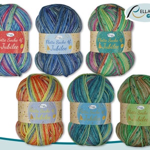 May include: A collection of colorful yarn skeins. Each skein is wrapped with a label that reads "Flotte Socke 4f Jubilee." The yarn colors include shades of blue, green, red, yellow, and orange. The yarn is likely for knitting or crocheting projects.