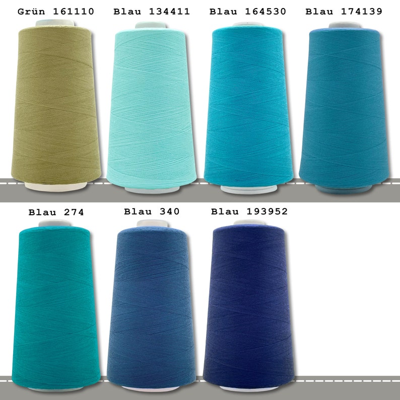May include: Assortment of spools of thread in various shades of blue and green. The spools are labeled with the color name and a number.