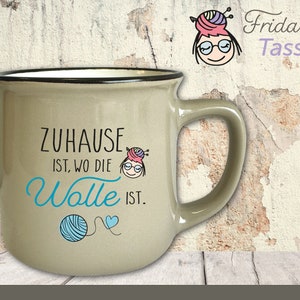 Frida&#39;s Mug with Saying #5 &quot;Home is where the wool is&quot; Motif Mug Brown Vintage Knitting Crochet Gift 330 ml
