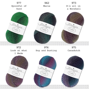 May include: Assortment of ten skeins of Scheepjes Unity yarn in various colour combinations. The yarn is displayed in two rows of five skeins each. The skeins are labelled with the yarn name and colour number.