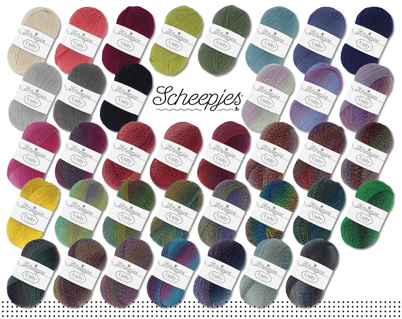 May include: A collection of colourful yarn skeins with the text "Scheepjes Unity" on each label.