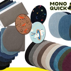 Könnte beinhalten: Eine Sammlung von Stoffflicken in verschiedenen Farben und Formen. Enthalten sind ovale Flicken mit Fuchs- und Einhorn-Designs sowie rechteckige und kreisförmige Flicken in Blau-, Grau- und Brauntönen. Das Bild zeigt auch den Text "MONO QUICK" mit einem Cartoon-Vogel.