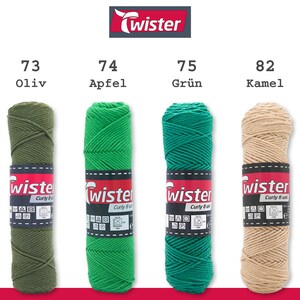 May include: Four spools of yarn in different colors: olive green, apple green, teal green, and beige. Each spool has a label that says "Twister Curly 8 uni" and a variety of care instructions.