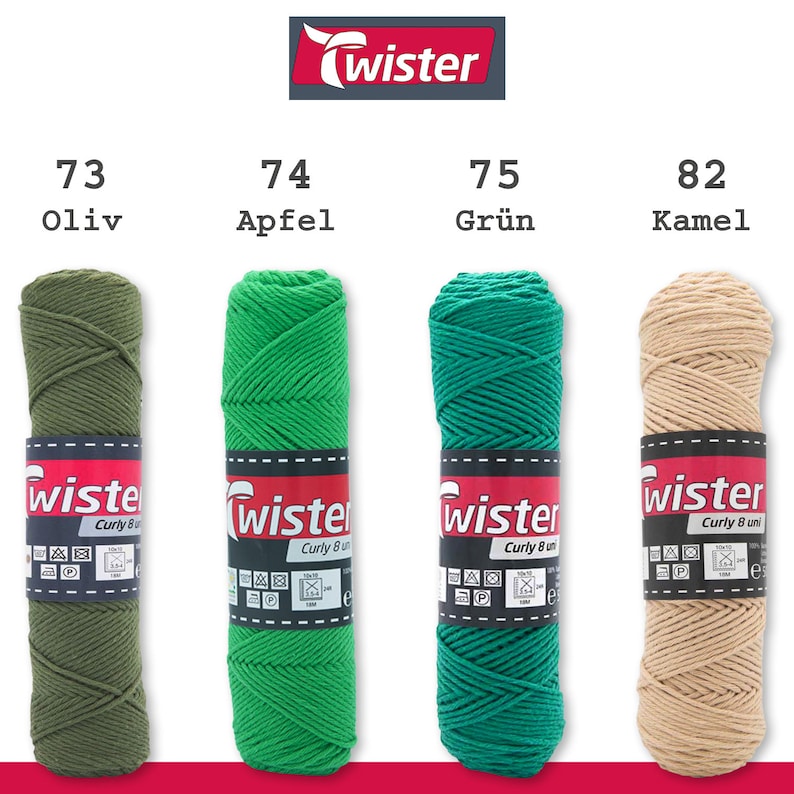 May include: Four spools of yarn in different colors: olive green, apple green, teal green, and beige. Each spool has a label that says "Twister Curly 8 uni" and a variety of care instructions.