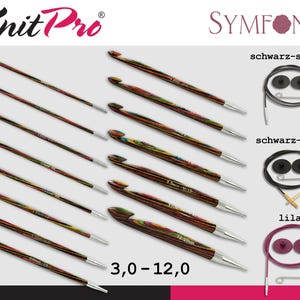 Könnte beinhalten: Ein Set mit 10 austauschbaren Stricknadeln Knit Pro Symfonie in verschiedenen Farben. Die Nadeln sind aus Holz und haben eine glatte Oberfläche. Das Set umfasst die Größen 3,0 bis 12,0 mm. Die Nadeln werden mit verschiedenen farbigen Schnüren und Endkappen gezeigt.