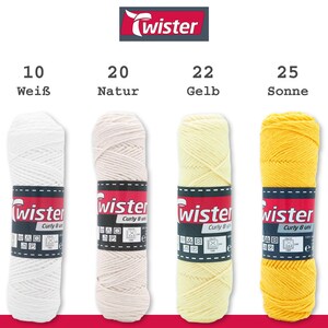 May include: Four spools of yarn in different colors: white, natural, yellow, and orange. The yarn is labeled "Twister Curly 8 uni" and has care instructions on the label.
