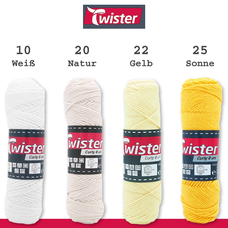May include: Four spools of yarn in different colors: white, natural, yellow, and orange. The yarn is labeled "Twister Curly 8 uni" and has care instructions on the label.