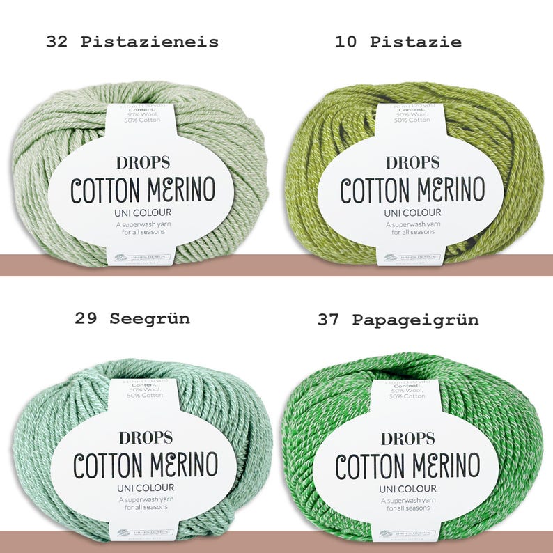 May include: Four skeins of Drops Cotton Merino yarn in various shades of green. Each skein has a white label with the text "DROPS COTTON MERINO" and "UNI COLOUR". The colors are Pistazieneis, Pistazie, Seegr&uuml;n, and Papageigr&uuml;n.