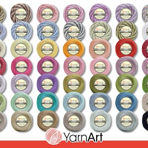 Könnte beinhalten: Eine Sammlung von 48 Garnrollen mit YarnArt Tulip-Garn in verschiedenen Farben und Mustern. Die Rollen sind in einem Raster angeordnet.