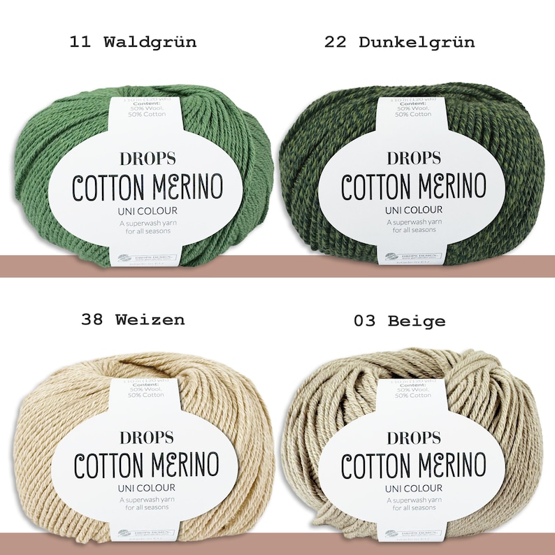 May include: Four skeins of Drops Cotton Merino yarn in various colors: green, dark green, beige, and light beige. Each skein has a white label with the yarn name and details. The text "Cotton Merino" is prominently displayed.
