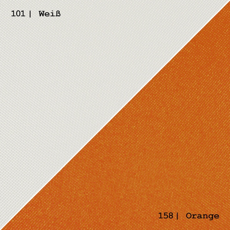May include: A white and orange fabric swatch with the numbers 101 and 158 and the words "Wei&szlig;" and "Orange" printed on the fabric.