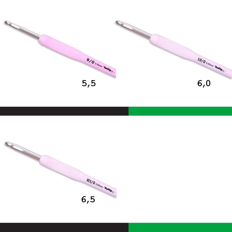 May include: Three pink crochet hooks with silver tips. The hooks are labeled 9/0 5.50mm Tulip, 10/0 6.00mm Tulip, and 10.5/0 6.50mm Tulip.