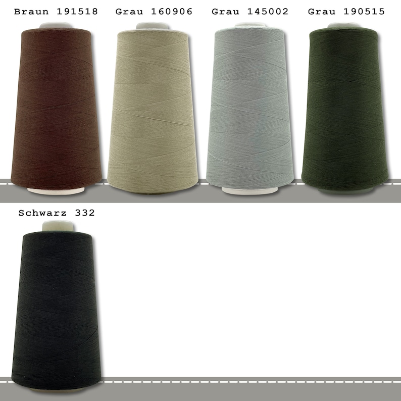May include: Five spools of thread in different colors: brown, beige, gray, green, and black. The spools are labeled with the color name and a number.