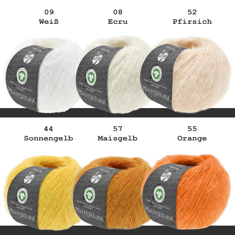 May include: Six balls of Per Fortuna yarn arranged in two rows. The top row features white, ecru, and peach colors. The bottom row displays sun yellow, corn yellow, and orange colors. Each ball has a dark gray paper label with text.