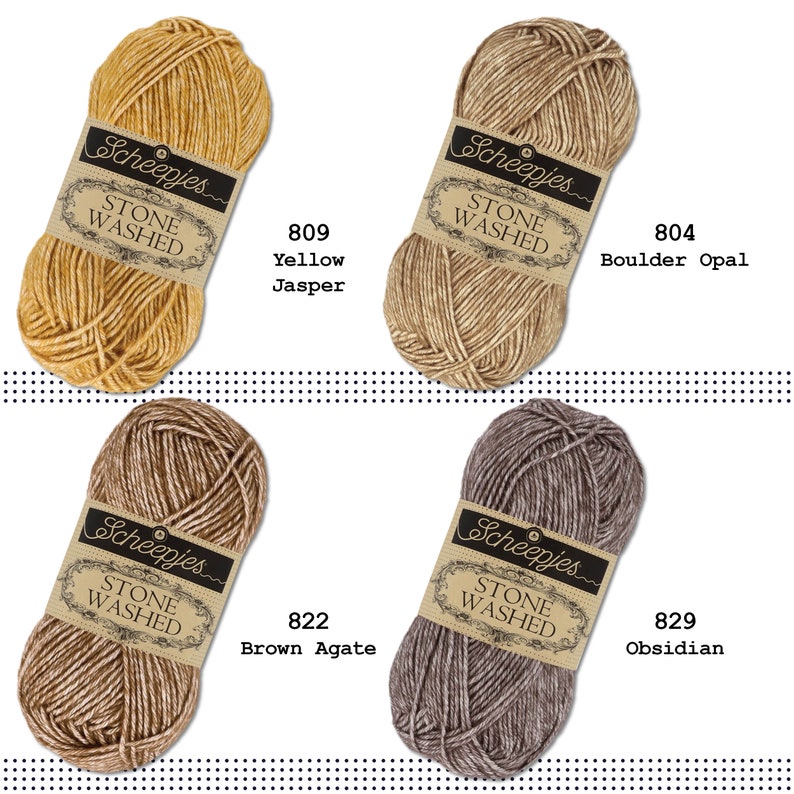 K&ouml;nnte beinhalten: Vier Kn&auml;uel Scheepjes Stone Washed Garn in verschiedenen Farben: Gelber Jaspis, Boulder Opal, Brauner Achat und Obsidian.